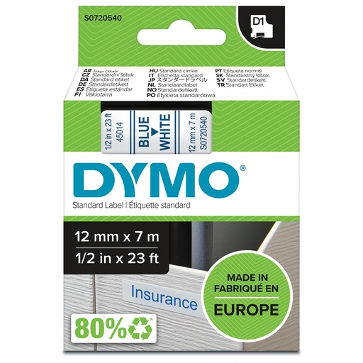 [S0720540] Cintas dymo d1 12mmx7m azul/blanco
