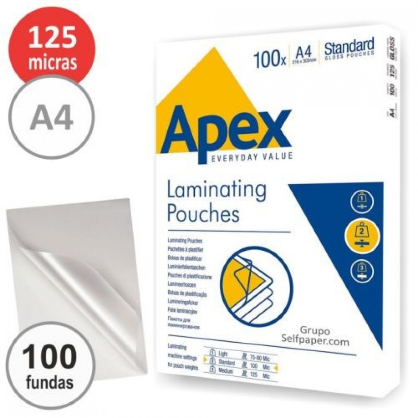 PACK 100 FUNDAS PLASTIFICAR A4 125 MICRAS BRILLO APEX