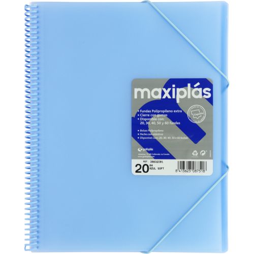 [39832091] CARPETAS A4 20 FUNDAS A4 ESPIRAL MAXIPLAS AZUL SOFT
