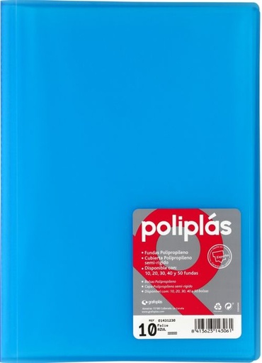 [01431230] CARPETA Fº 10 FUNDAS SOLDADAS TRANSLUCIDAS AZUL POLIPLAS