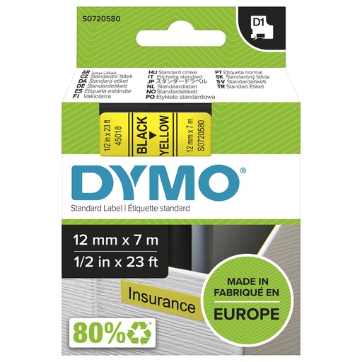 [S0720580] Cinta dymo d1 12mmx7m negro/amarillo