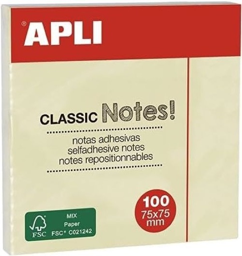 PACK 12 TACOS NOTAS ADHESIVAS 75X75MM APLI AMARILLO