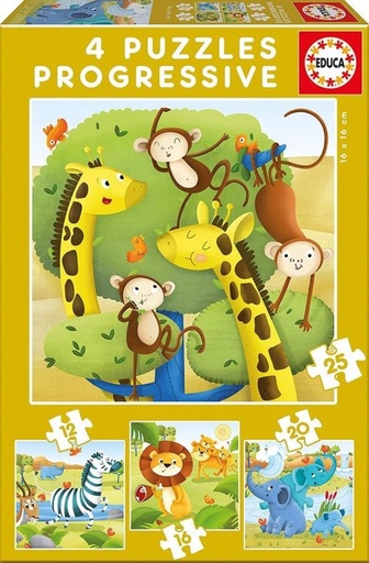 Animales salvajes 4 puzzles progresivos 12,16,20,25 piezas
