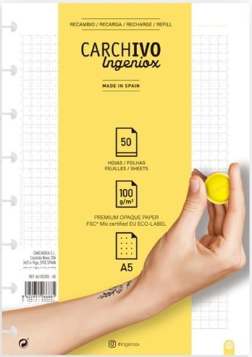 [66105305] RECAMBIO CUADERNO INGENIOX A5 50 HOJAS DOTS EXTRAIBLE