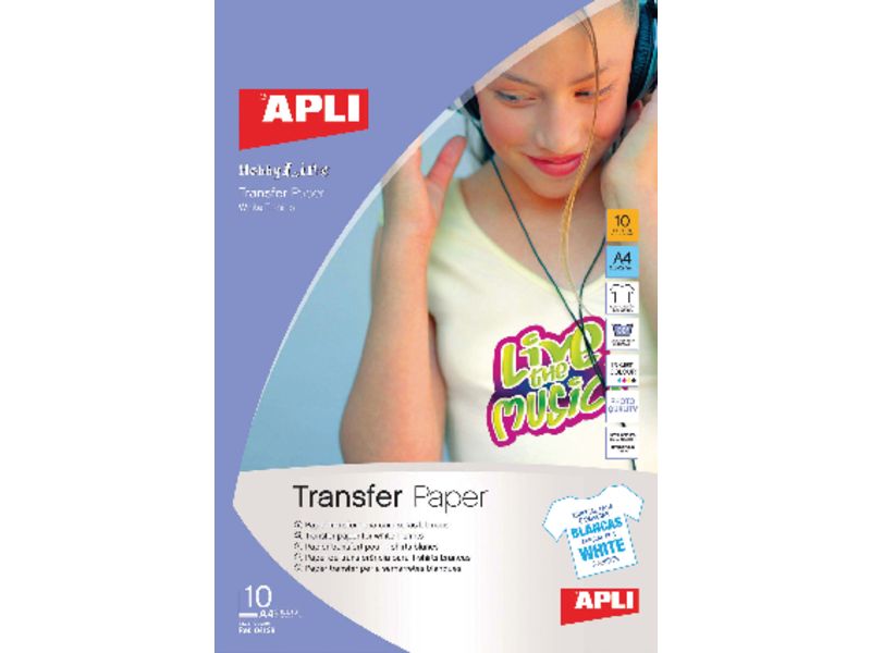 PACK 10 HOJAS A4 PAPEL TRANSFER PARA PRENDAS BLANCAS APLI