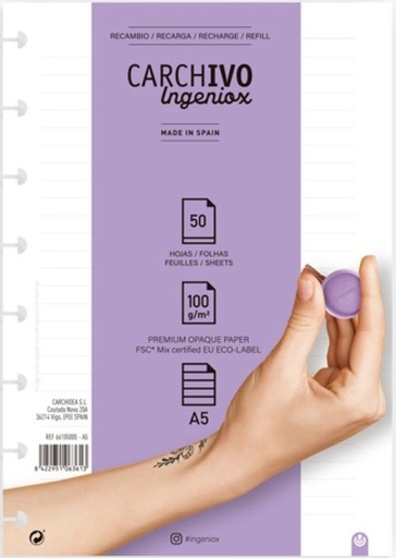 [66105005] RECAMBIO CUADERNO INGENIOX A5 50 HOJAS RAYAS EXTRAIBLE