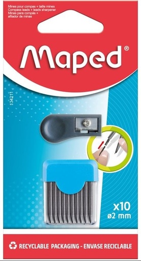 [134211] BLISTER CON 10 MINAS DE RECAMBIO COMPAS 2 MM + SACAPUNTAS