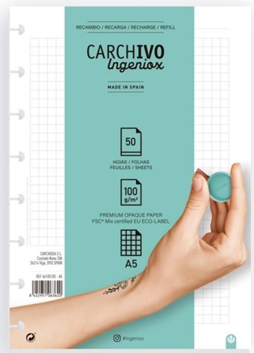 [66105105] RECAMBIO CUADERNO INGENIOX A5 50 HOJAS CUADRICULA EXTRAIBLE