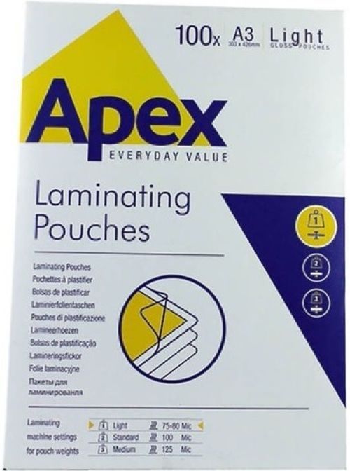 PACK 100 FUNDAS PLASTIFICAR A3 125 MICRAS BRILLO APEX