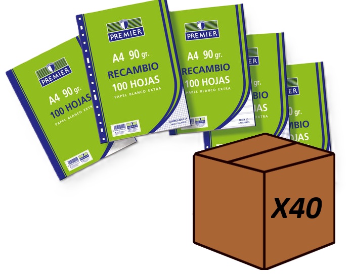 (pack 40u) recambio a4 100h 4 taladros 90g cuad.4x4 c/m premier