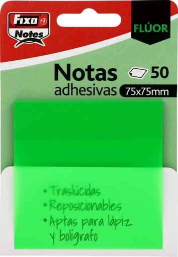 Bloc 50 notas adhesivas translucidas 75x75 verde fluor
