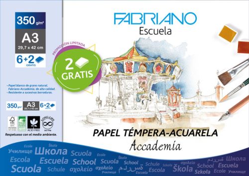 Minipack 6 + 2 laminas gratis acuarela a3 350g fabriano scuola