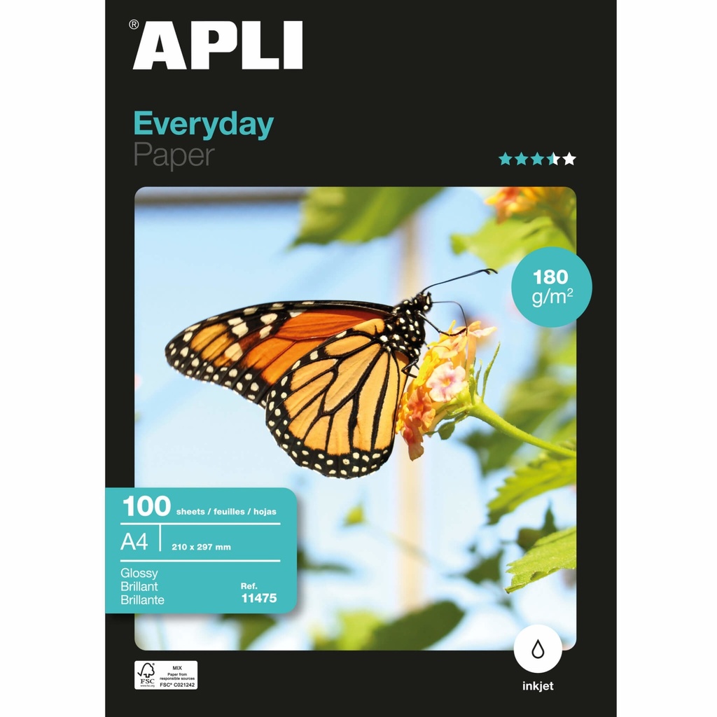 PAQUETE A4 100H 180G PAPEL FOTOGRAFICO EVERYDAY APLI GLOSSY