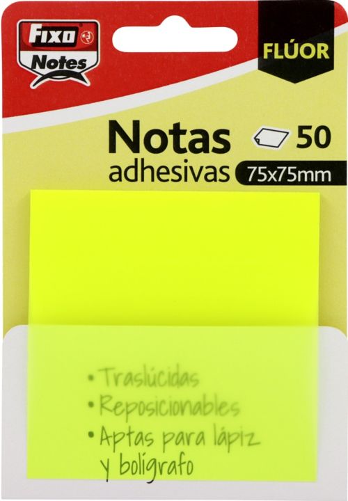 BLOC 50 NOTAS ADHESIVAS TRANSLUCIDAS 75X75 AMARILLO FLUOR