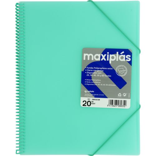 CARPETAS A4 20 FUNDAS A4 ESPIRAL MAXIPLAS VERDE AGUA