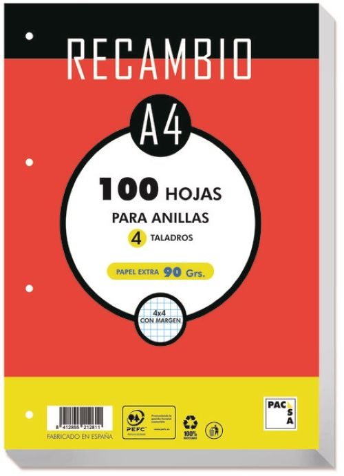 RECAMBIO A4 100H 4 TALADROS 90G CUAD.4X4 C/M PACSA