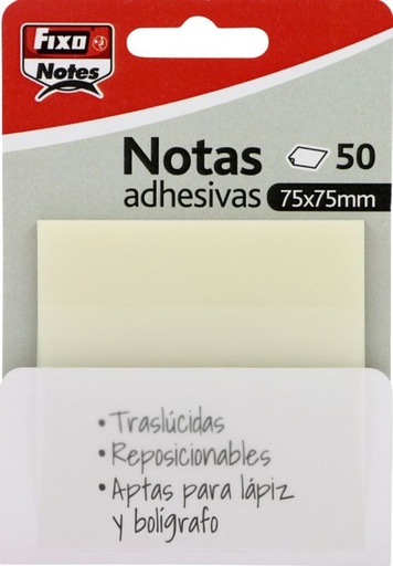 BLOC 50 NOTAS ADHESIVAS TRANSLUCIDAS 75X75 TRANSPARENTES