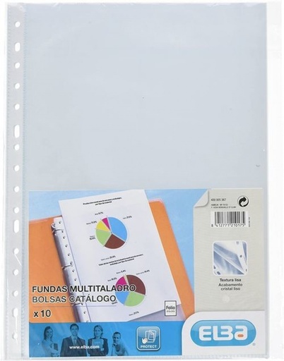 Paq/10 fundas portadocumentos fº multitaladro polipropileno 70mc cristal