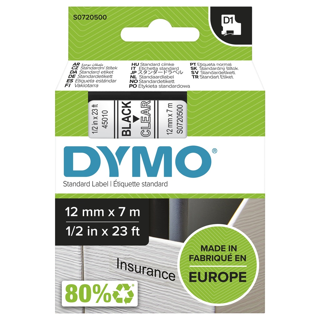 Cinta dymo d1 12mmx7m negro/transparente