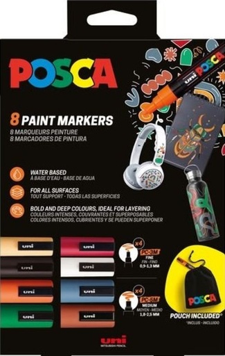 [302422411] PACK 8 ROTULADOR POSCA PC-5M/PC-3M + BOLSA TELA