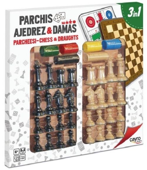 TABLERO PARCHIS AJEDREZ Y DAMAS CON ACCESORIOS 40X40CM