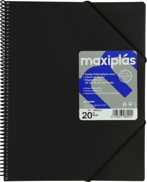 CARPETAS A4 50 FUNDAS A4 ESPIRAL MAXIPLAS NEGRO