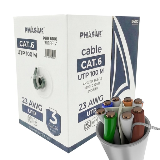 [PHR 6100] Bobina de Cable de Red 100 m UTP Sólido AWG23 Cat.6 CCA - PHR 6100