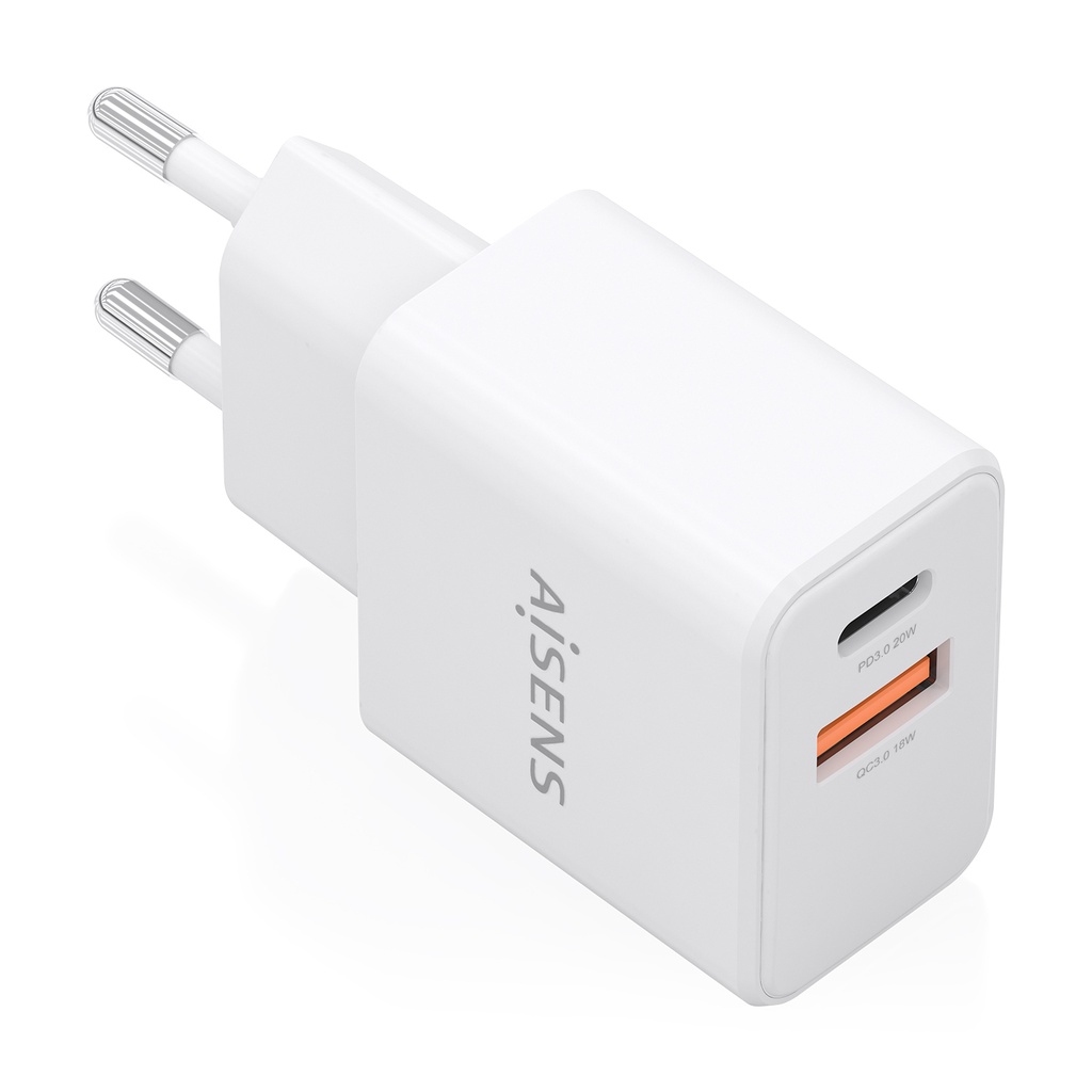 Cargador GaN 20W, 1xUSB-C PD3.0, 1xUSB-A QC3.0, Blanco