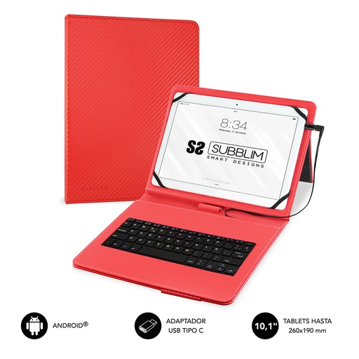 [SUB-KT1-USB002] Funda con Teclado Micro USB - USB C KEYTAB PRO USB 10,1" Red