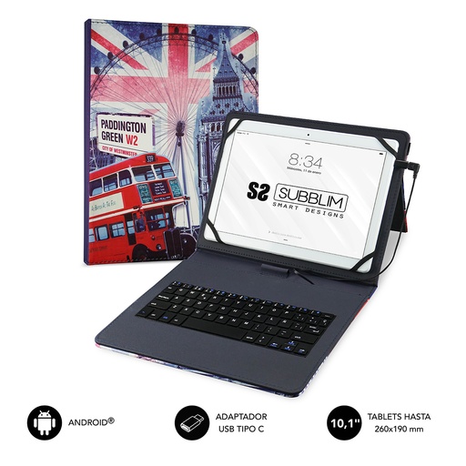 [SUB-KT1-USB050] Funda con Teclado Micro USB - USB C KEYTAB USB 10,1" England