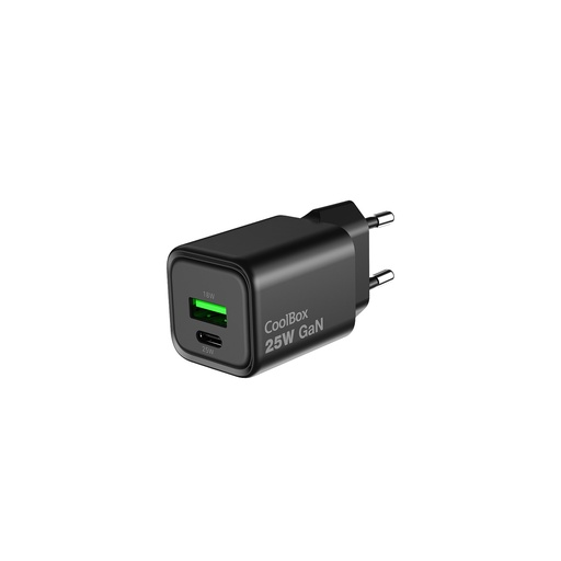 [COO-CUP-25CA-B] CARGADOR GAN 25W USB-A/USB-C PARED NEGRO