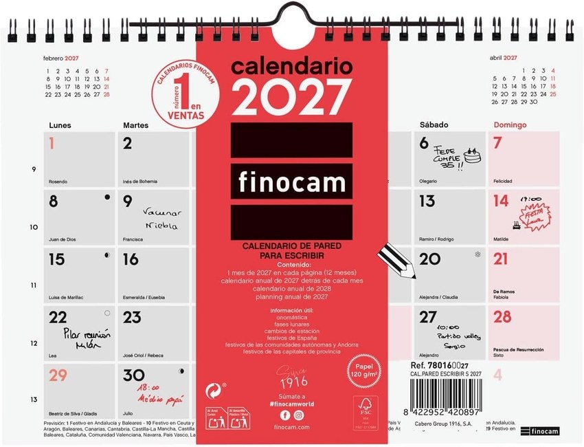 Calendario pared escribir s 2027 210x150mm