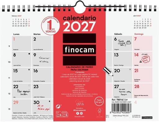 Calendario pared escribir s 2027 210x150mm
