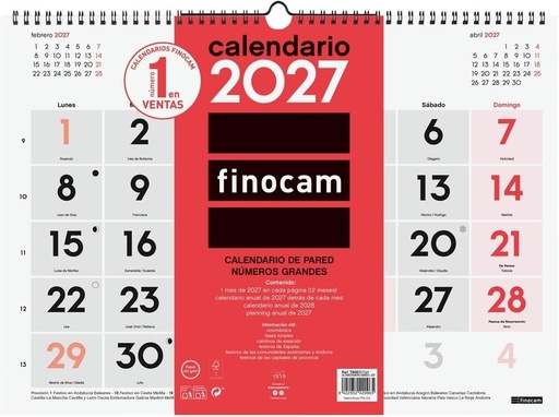 Calendario pared numeros grandes l 2027 430x310mm