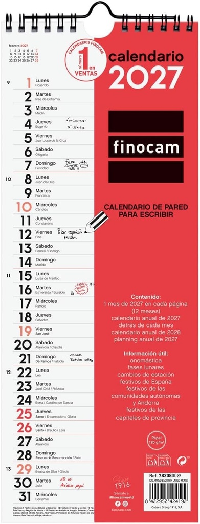 Calendario pared escribir largo m 2027 130x330mm