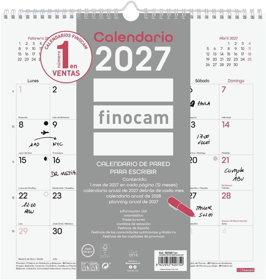 Calendario pared escribir chic 2027 30x30cm. blanco
