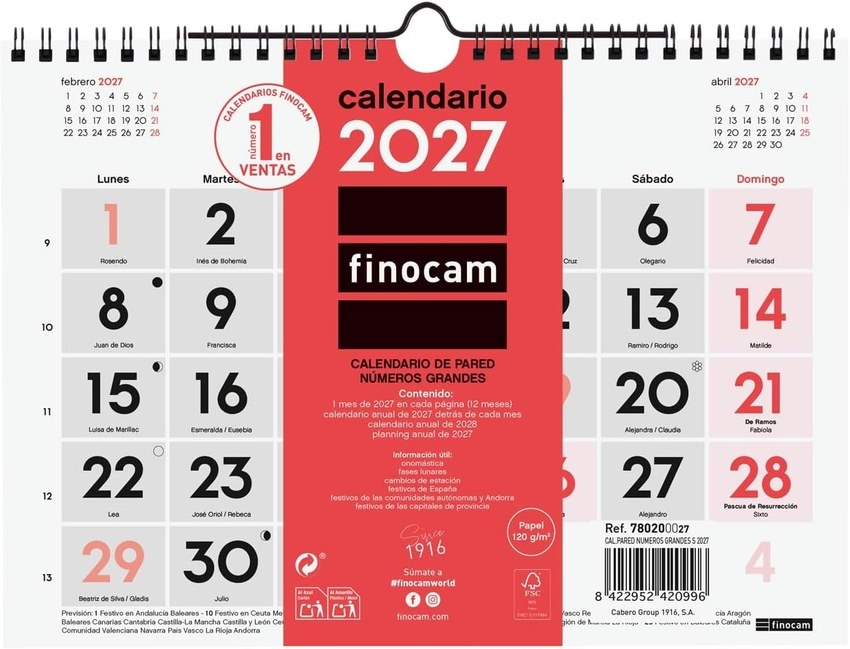 Calendarios pared numeros grandes s 2027 210x150mm