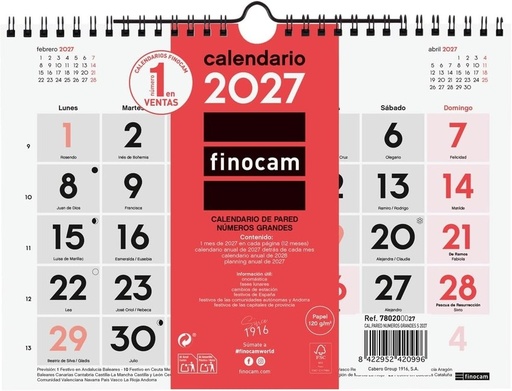 Calendarios pared numeros grandes s 2027 210x150mm