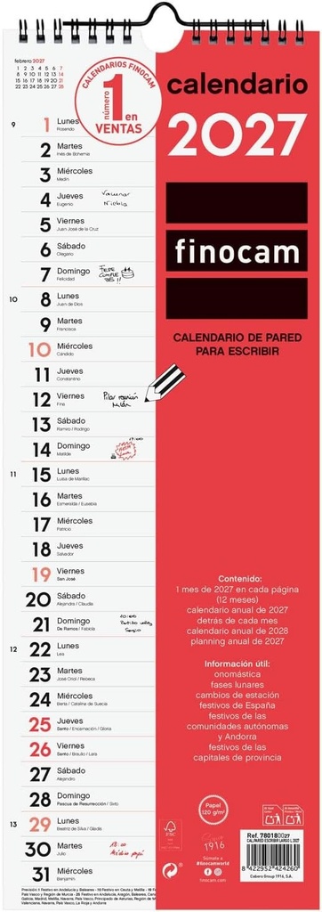 Calendario pared escribir largo l 2027 155x430mm