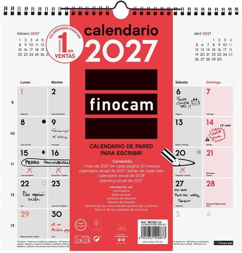 Calendario pared escribir 2027 30x30cm