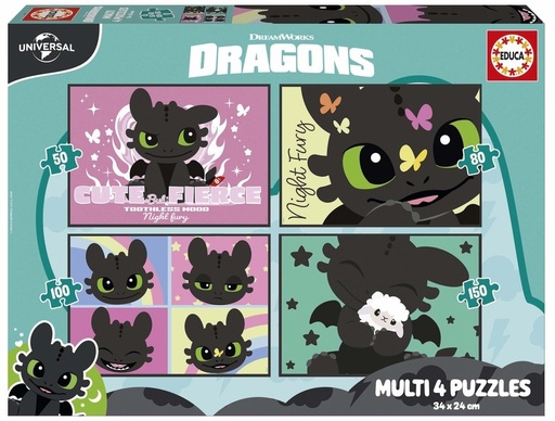 Puzzles multi 4 en 1 como entrenar a tu dragon 50 80 100 150 piezas
