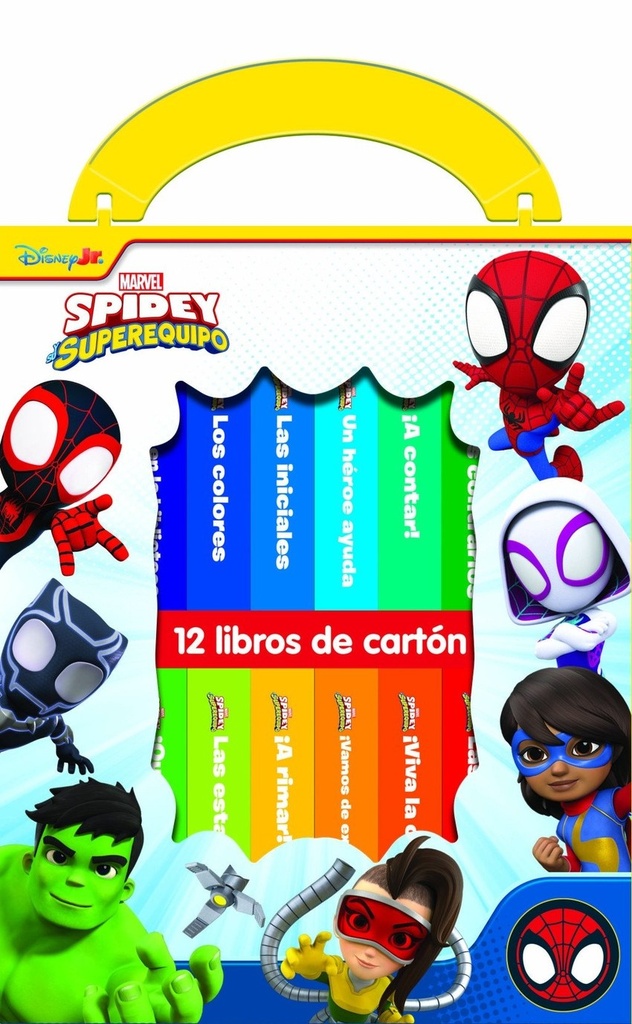 DISNEY JR. MARVEL: SPIDEY Y SU SUPEREQUIPO - MI PRIMERA BIBLIOTECA - 12 LIBROS DE CARTÓN - BLOQUE DE LIBROS - PI KIDS