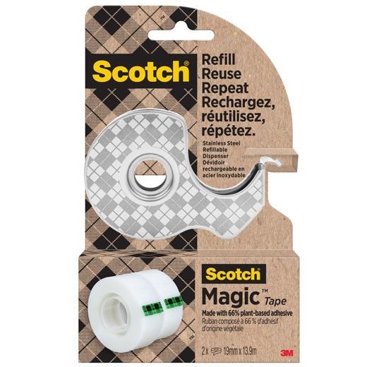 [7100334048] SCOTCH DISPENSADOR DE ACERO INOXIDABLE RECARGABLE PARA CINTA ADHESIVA + 2 ROLLOS DE 19MMX13,9M