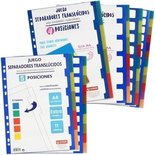 [41260400] GRAFOPLAS SEPARADORES MULTITALADRO PP TRANSLÚCIDO EXTRA 6 POSICIONES 11 TALADROS A4 SURTIDOS