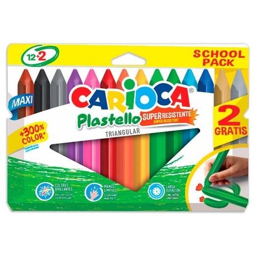 [42669] CARIOCA CERAS PLASTELLO SUPER RESISTENTES TRIANGULAR MAXI COLORES SURTIDOS ESTUCHE 12+2 UD - Pack de 6 unidades