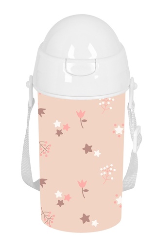 BOTELLA 500ml APERTURA AUTOMATICA CON PAJITA SAFTA PREESCOLAR FLORES 7,3x19,5x7,3cm