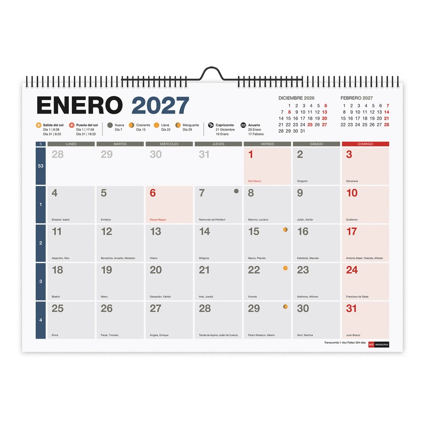 Calendario pared a3 completo 2027