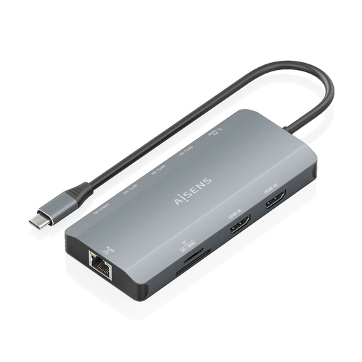 [ASUC-10P052-GR] USB-C Dock 12 en 1, USB-C A 2xHDMI, 1xRJ45, 3xUSB-A, 1xUSB-C, 1xUSB-C PD, 1xSD, 1xMicro SD, Gris, 20cm
