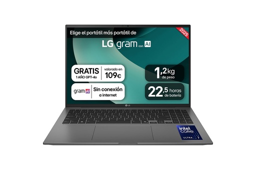 [16ZD90T-G.AX55B] Gram 16ZD90T Intel Core Ultra 5 225H Portátil 40,6 cm (16") WQXGA 16 GB LPDDR5x-SDRAM 512 GB SSD Wi-Fi 7 (802.11be) FreeDOS Negro