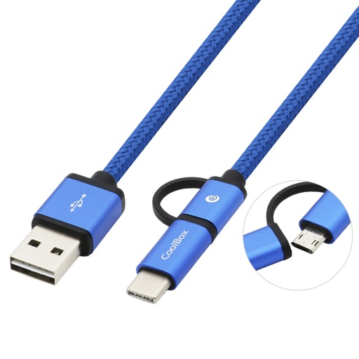 [COO-CAB-U2MC-BL] CABLE TRENZADO DE USB-A A MICRO-USB Y USB-C AZUL